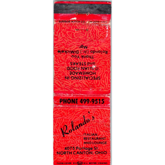 Rolando's Italian Restaurant North Canton OH Advertising Matchbook Cover MM9-8