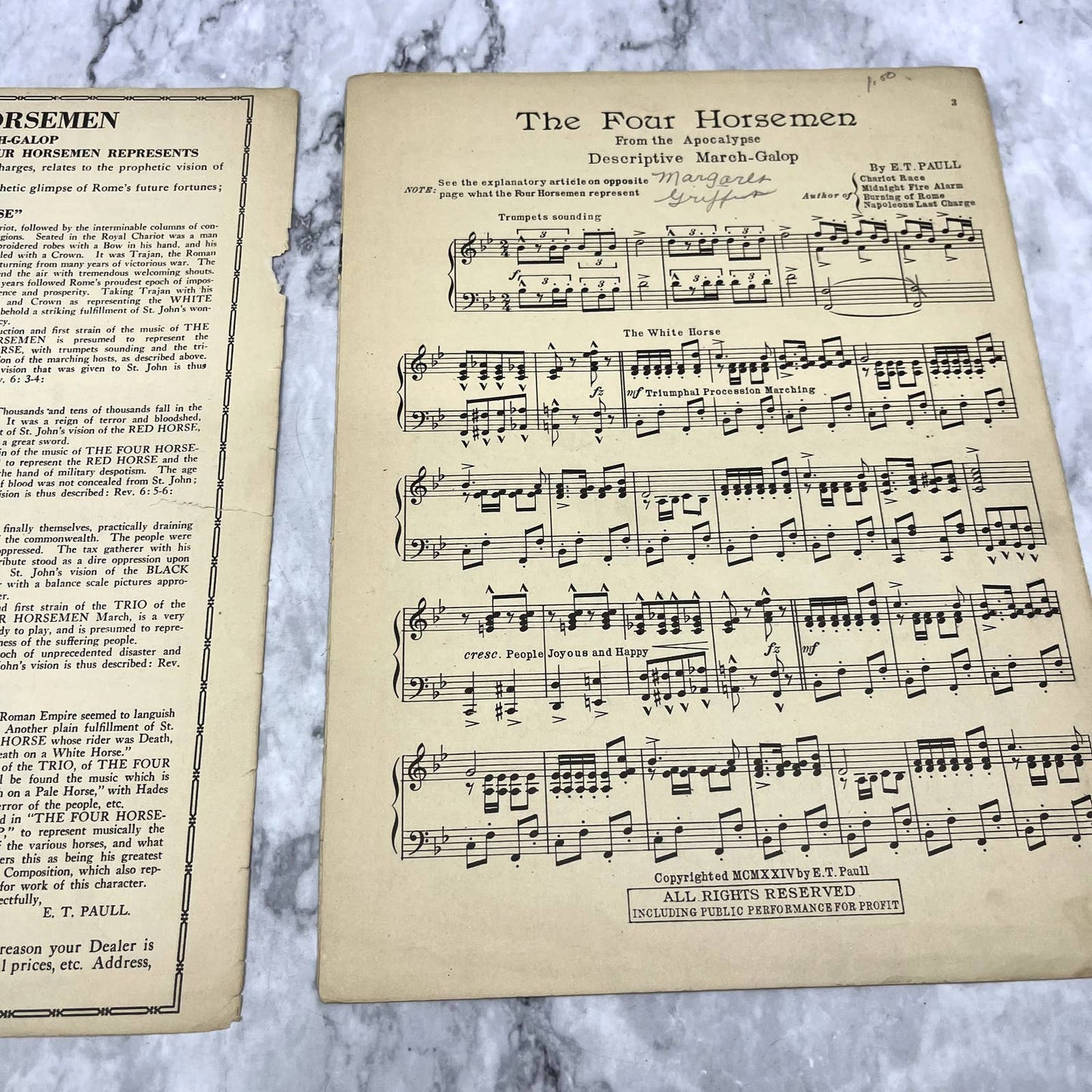 The Four Horsemen of the Apocalypse March E.T. Paul 1924 Sheet Music TK2-SM