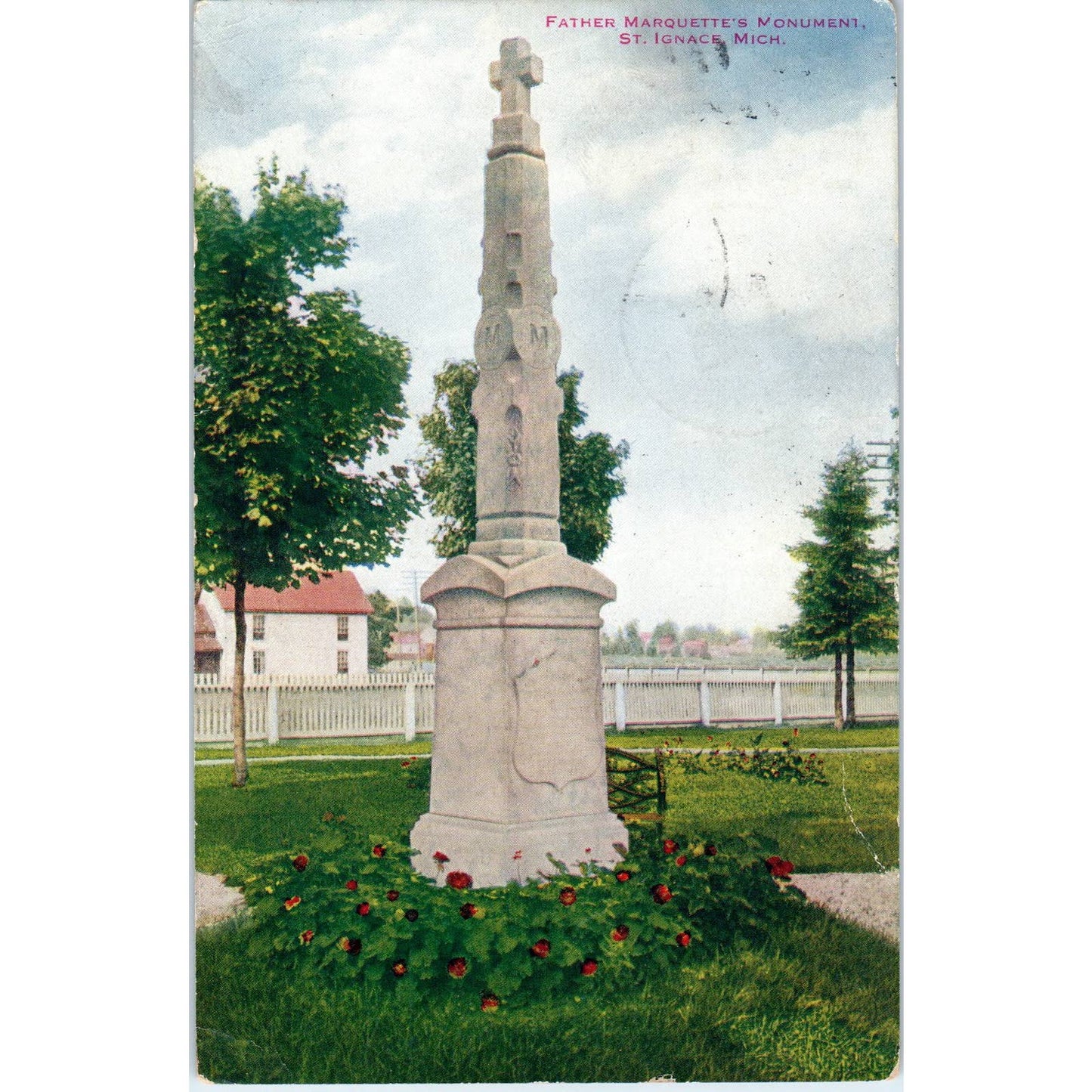 Father Marquette's Monument St. Ignace MI 1916 Original Postcard TK1-28