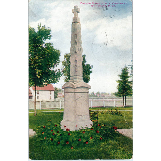 Father Marquette's Monument St. Ignace MI 1916 Original Postcard TK1-28
