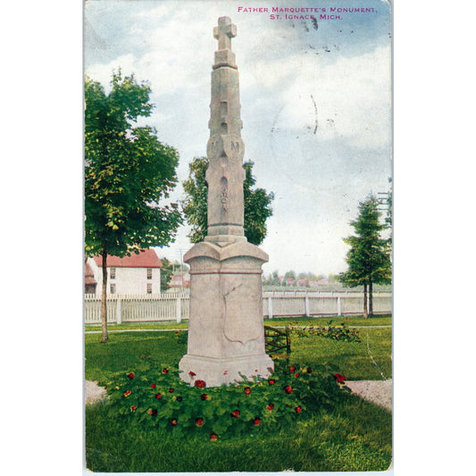 Father Marquette's Monument St. Ignace MI 1916 Original Postcard P2-2