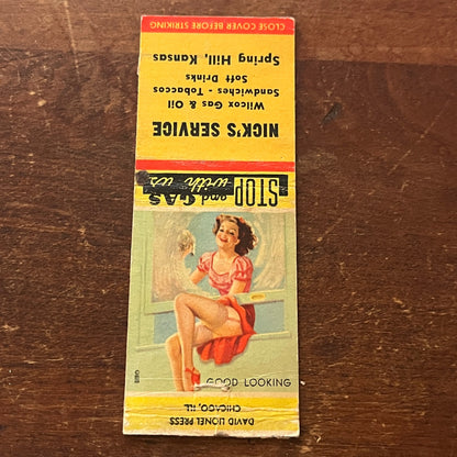 Nick's Service Gas PINUP Spring Hill KS Advertising Matchbook Cover MM9-3
