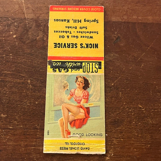 Nick's Service Gas PINUP Spring Hill KS Advertising Matchbook Cover MM9-3