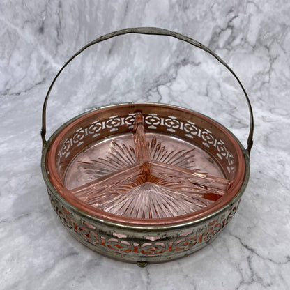 Vintage Pink Depression Glass Dish 3 Part Divided Starburst Silver Caddy 7” TB6
