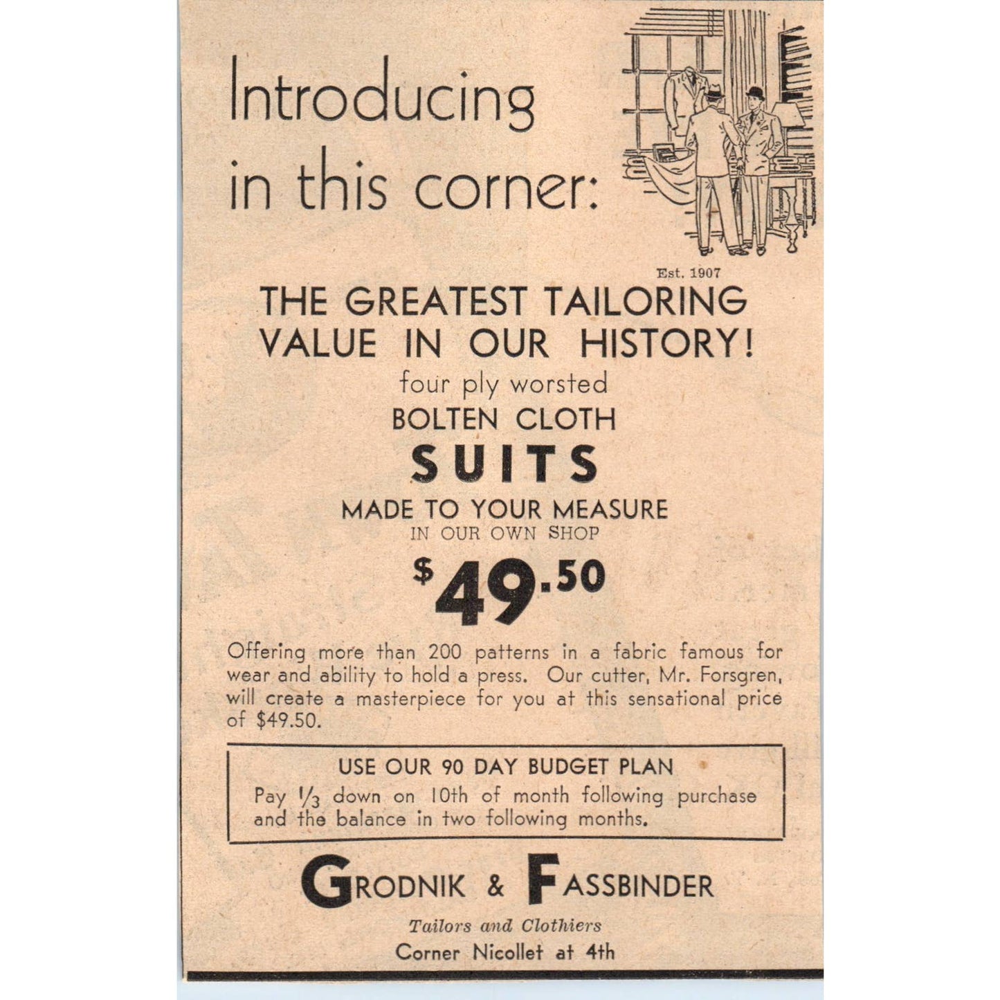 1935 Minneapolis Journal Newspaper Ad Grodnik & Fassbinder Tailors Nicollet FL5-5