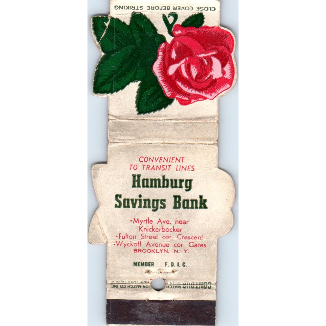 Hamburg Savings Bank Brooklyn NY Die Cut Advertising Matchbook Cover MM9-10
