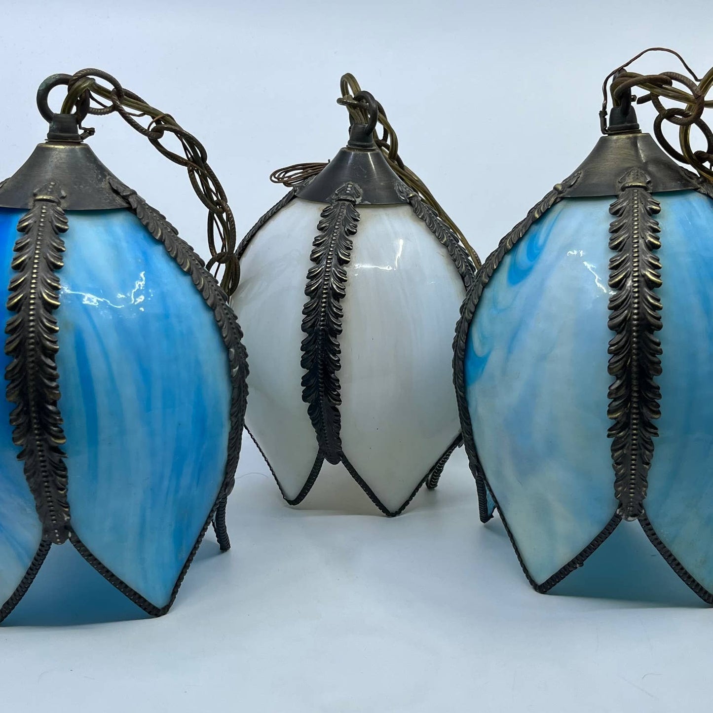 Stunning MCM Set of 3 Blue & White Slag Glass TULIP Hanging Pendant Light Lamps