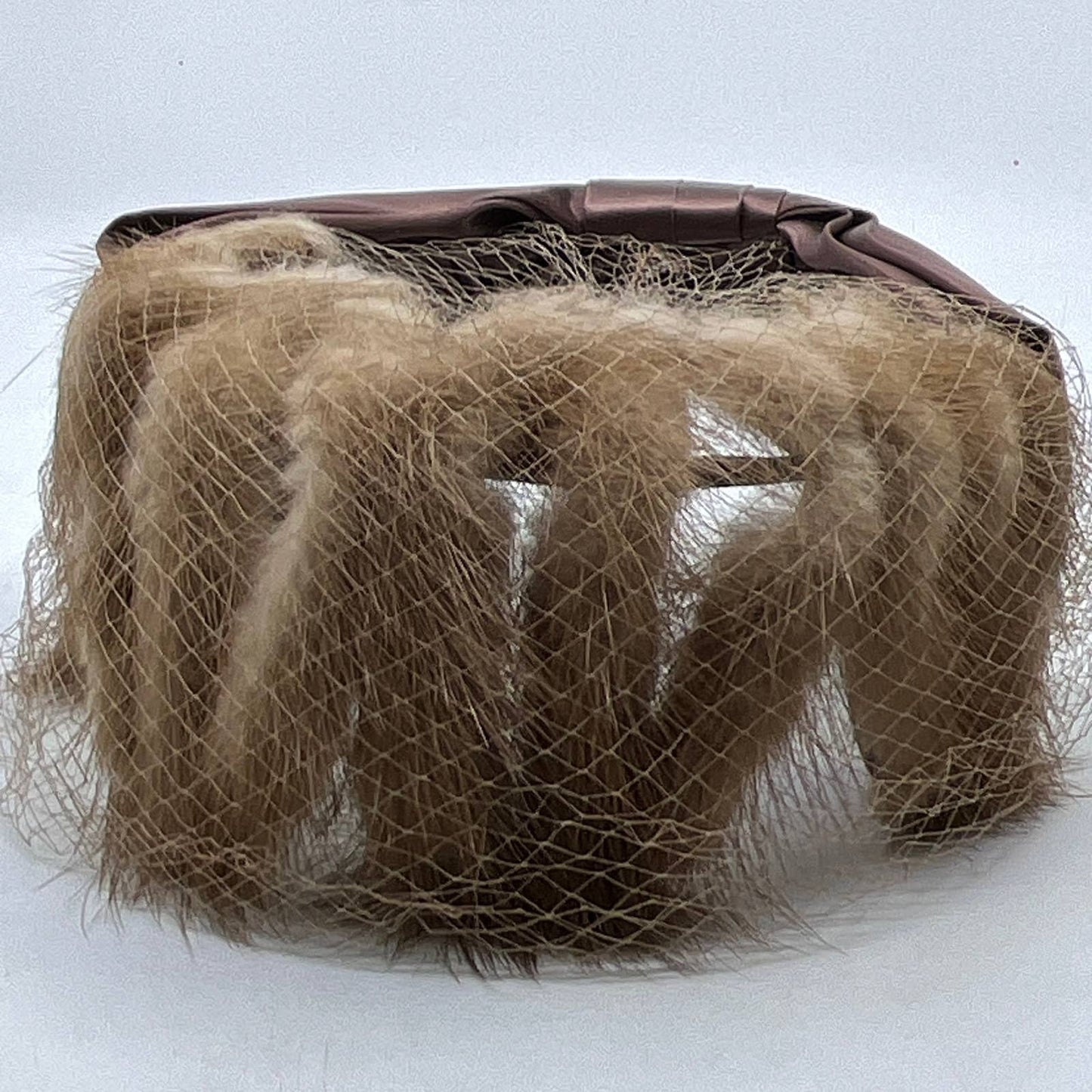 Vintage Beige Mink Fur Fascinator Champagne Satin Ribbon With Veil Cage TI4