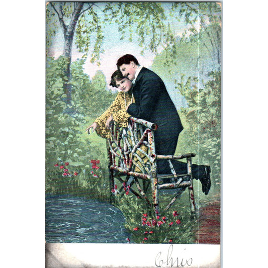 Courting Couple at a Pond Romance 1906 Victorian Original Postcard P2-8