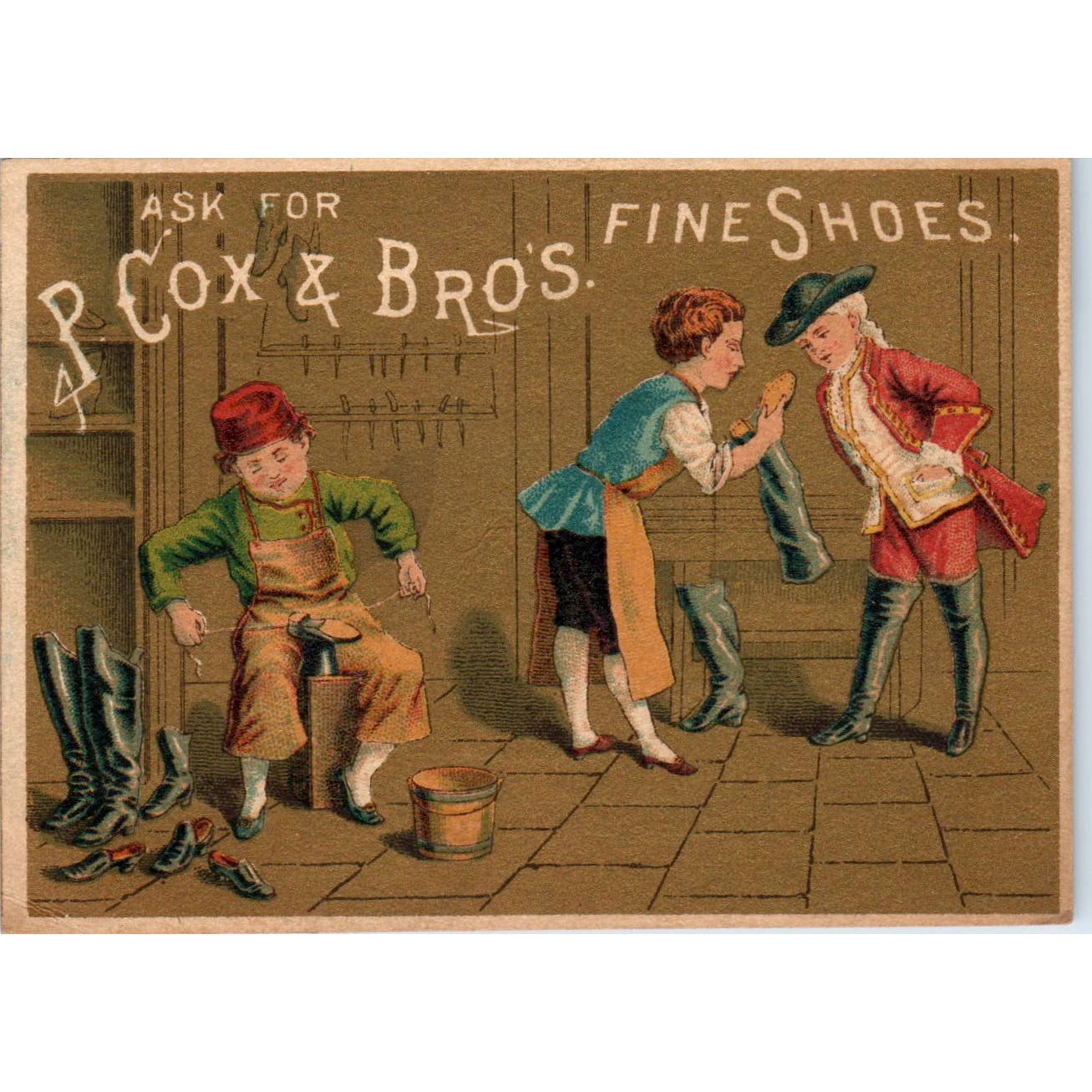 1880s Victorian Trade Card P. Cox & Bros Shoes David Zabinski SE8