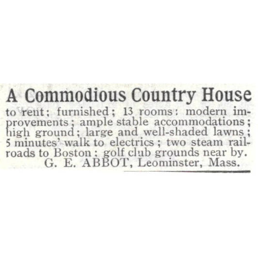 Country House For Rent G.E. Abbot Leominster Mass - 1903 Original Ad TJ8-7-6