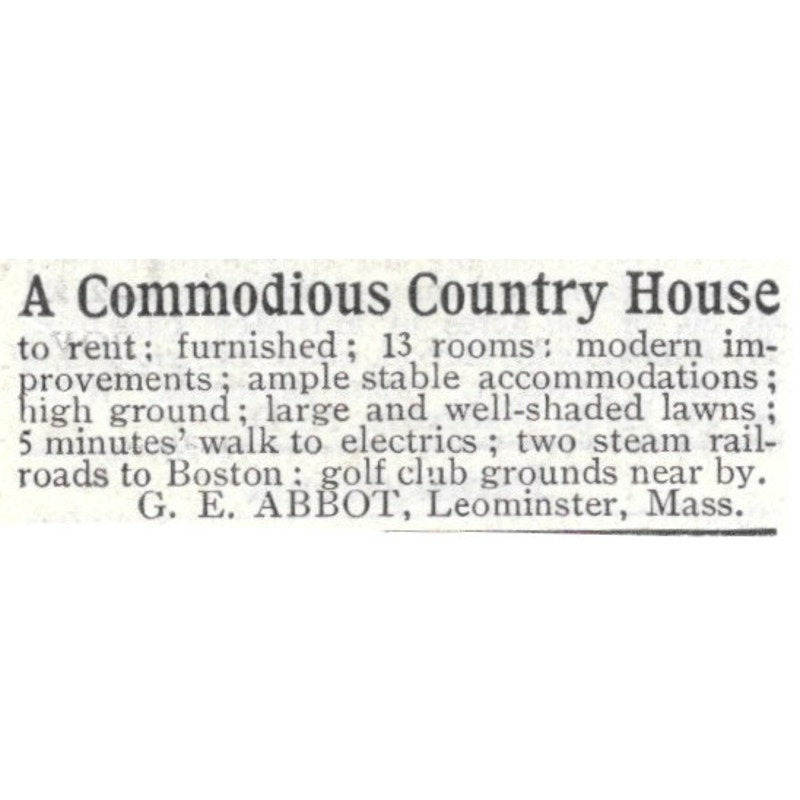 Country House For Rent G.E. Abbot Leominster Mass - 1903 Original Ad AK5-S32