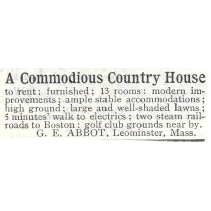 Country House For Rent G.E. Abbot Leominster Mass - 1903 Original Ad AK5-S32