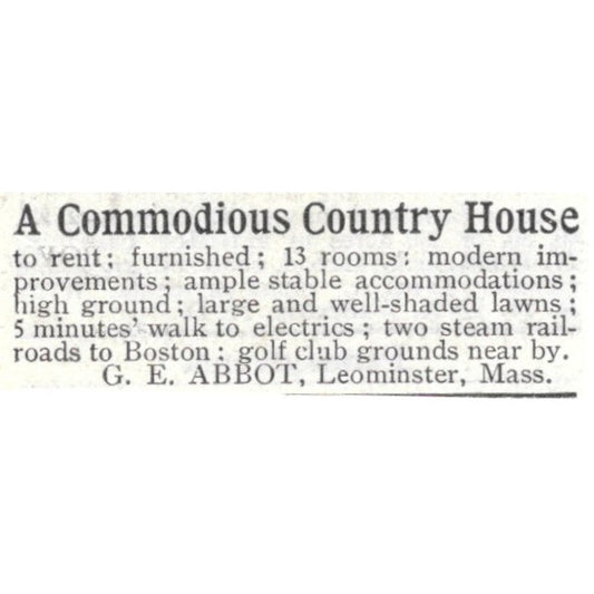 Country House For Rent G.E. Abbot Leominster Mass - 1903 Original Ad AK5-S32