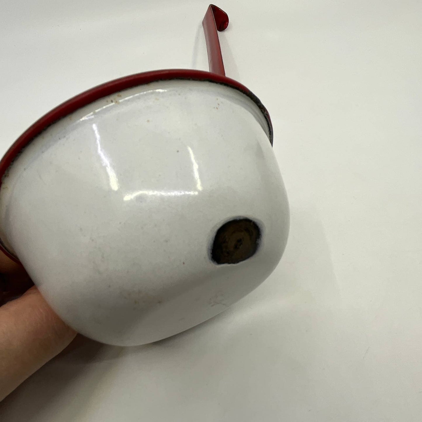 Vintage Enamelware Dipper Ladle White with Red Trim ~12” TH2