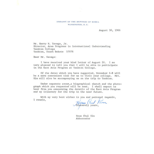 Embassy of the Republic of Korea Letterhead Memo Hyun Chul Kim 8/30/66 B14