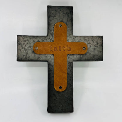 FAITH WALL CROSS GENUINE LEATHER & GALVANIZED METAL 12 x 10” TD4