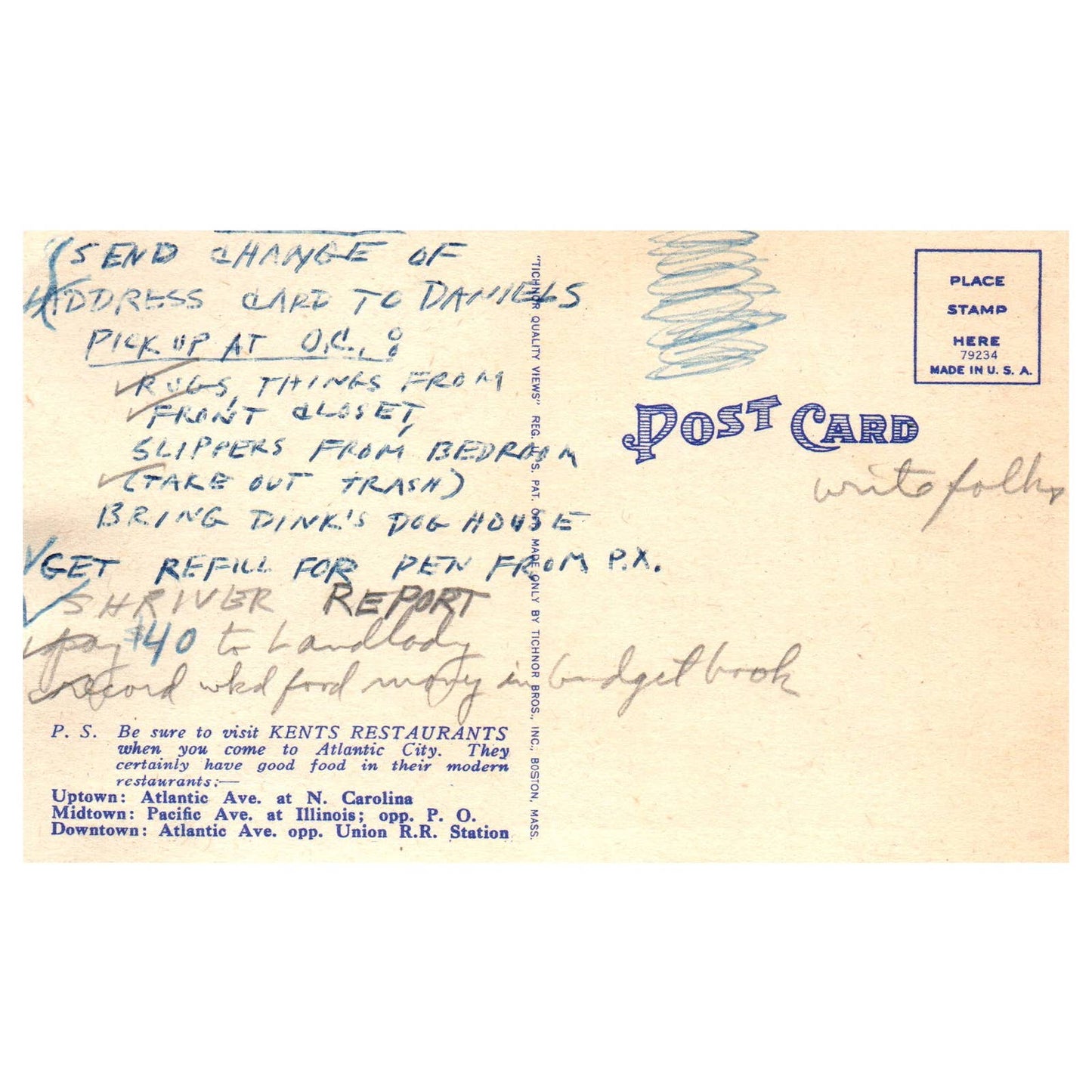 Kent's Downtown Restaurant in Atlantic City New Jersey - Postcard TJ8-2