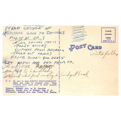 Kent's Downtown Restaurant in Atlantic City New Jersey - Postcard TJ8-2