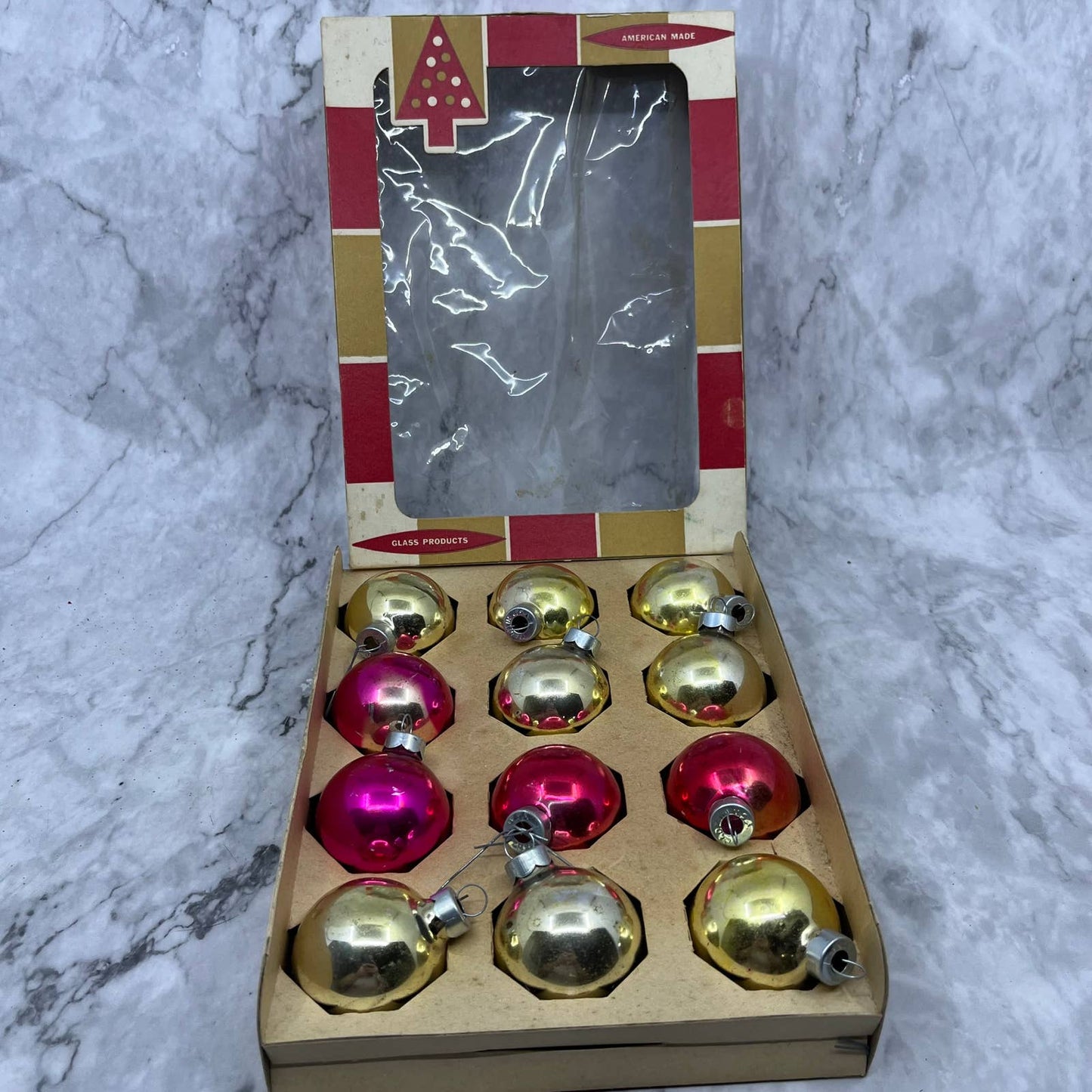 Coby 12 Vintage 1 3/4" Mercury Glass Ornaments Original Box Red Gold OT1