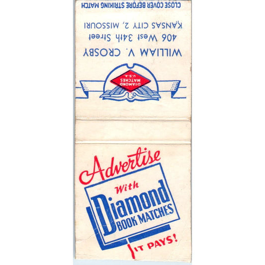 Diamond Matches William V. Crosby Kansas City Advertising Matchbook Cover SA9-M5