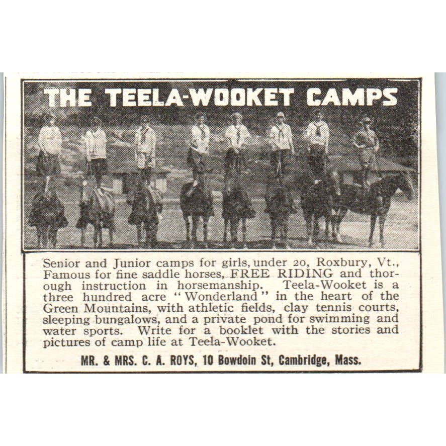 c1920 Harper's Magazine Ad - Teela-Wooket Camps C.A. Roys Cambridge MA EA3-1