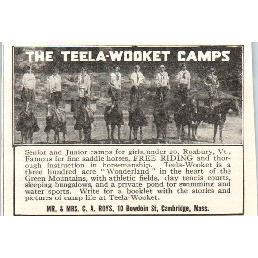 c1920 Harper's Magazine Ad - Teela-Wooket Camps C.A. Roys Cambridge MA EA3-1