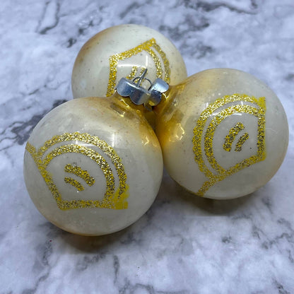 Vtg Lot of 3 Shiny Brite Mercury Glass Ornaments Yellow Cream Mica Stencil TJ9