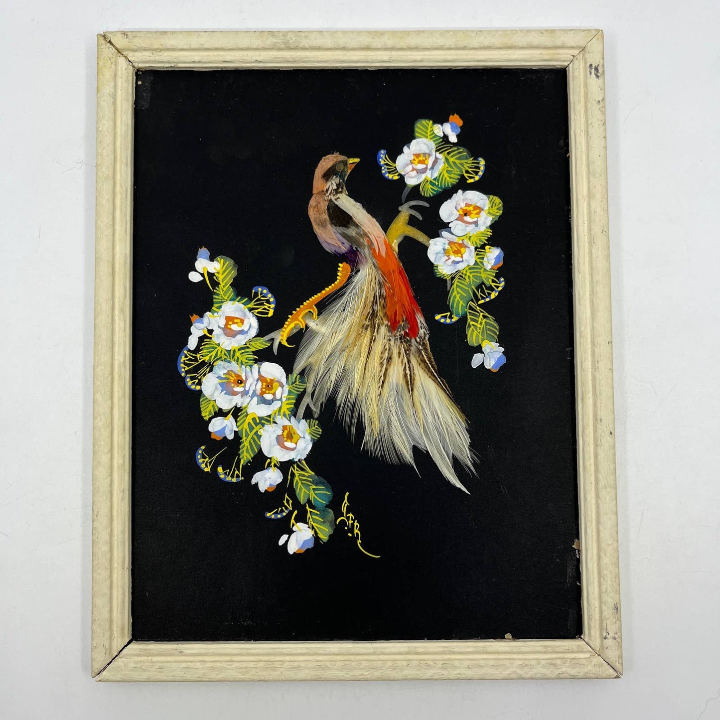 Antique Framed Feather Art Bird Postcard Made in Mexico 7x9.5 TI4