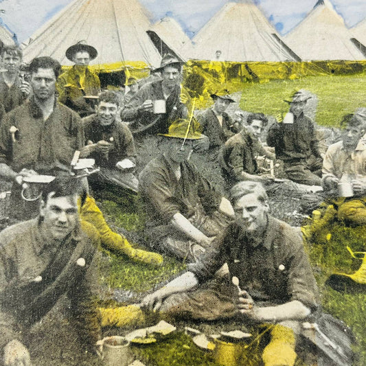 1898 Stereoview Card Tinted Spanish-American War US Army Troops Enjoying Rations