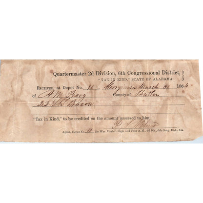 1864 Civil War Quartermaster 2nd Division Tax Receipt Asa M. Peavy Butler AL AD6