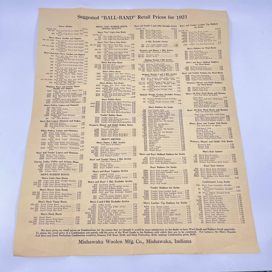 1921 Price List Ball Band Rubber Boots Mishawaka Woolen Mfg Co Mishawaka IN AA9