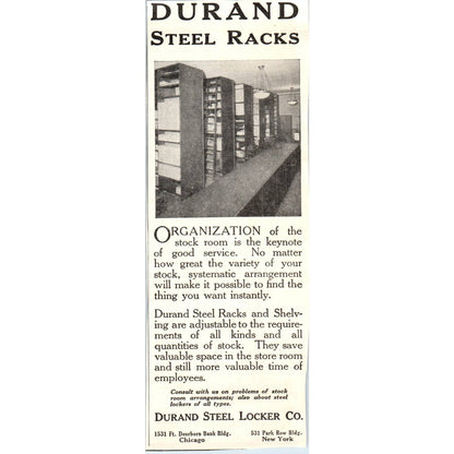 c1920 Harper's Magazine Ad - Durand Steel Locker Co. Steel Racks Chicago EA3-4