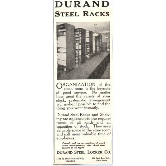 c1920 Harper's Magazine Ad - Durand Steel Locker Co. Steel Racks Chicago EA3-4
