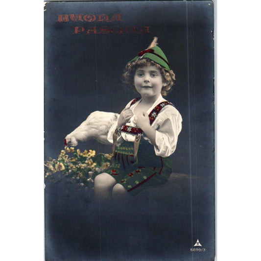 BUONA Pasqua Happy Easter Italian Boy Chicken Original Postcard P2-3