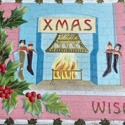 c1910 Embossed Xmas Wishes Fireplace Stockings Holly Christmas Postcard PA2