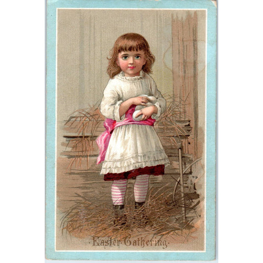 Antique Victorian Easter Greeting Card Little Girl Holding Bundle of Eggs SE5