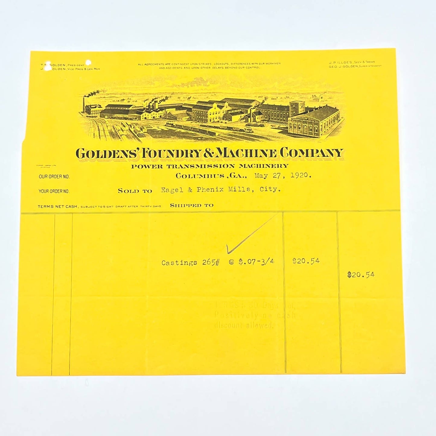 1920 Goldens' Foundry & Machine Co. Letterhead Bill Head Receipt Columbus GA AB9