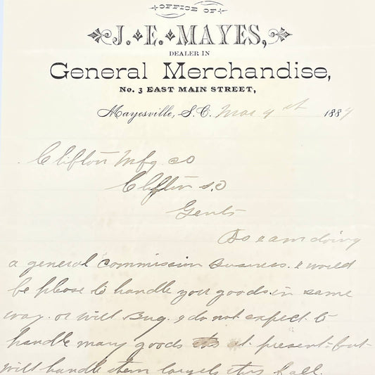 1884 J.E. Mayes General Merchandise Letterhead Mayesville SC AB9