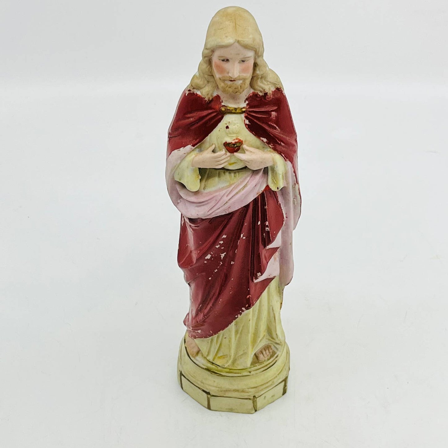 1940s Hand Painted Chalkware Statue Sacred Heart Of Jesus 9” Germany TC3