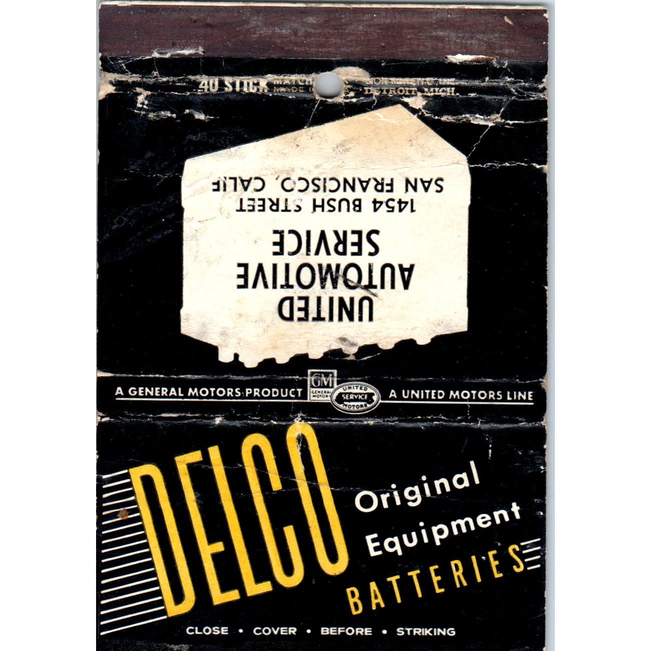 Delco Batteries United Automotive Service San Francisco Matchbook Cover SA6-M5