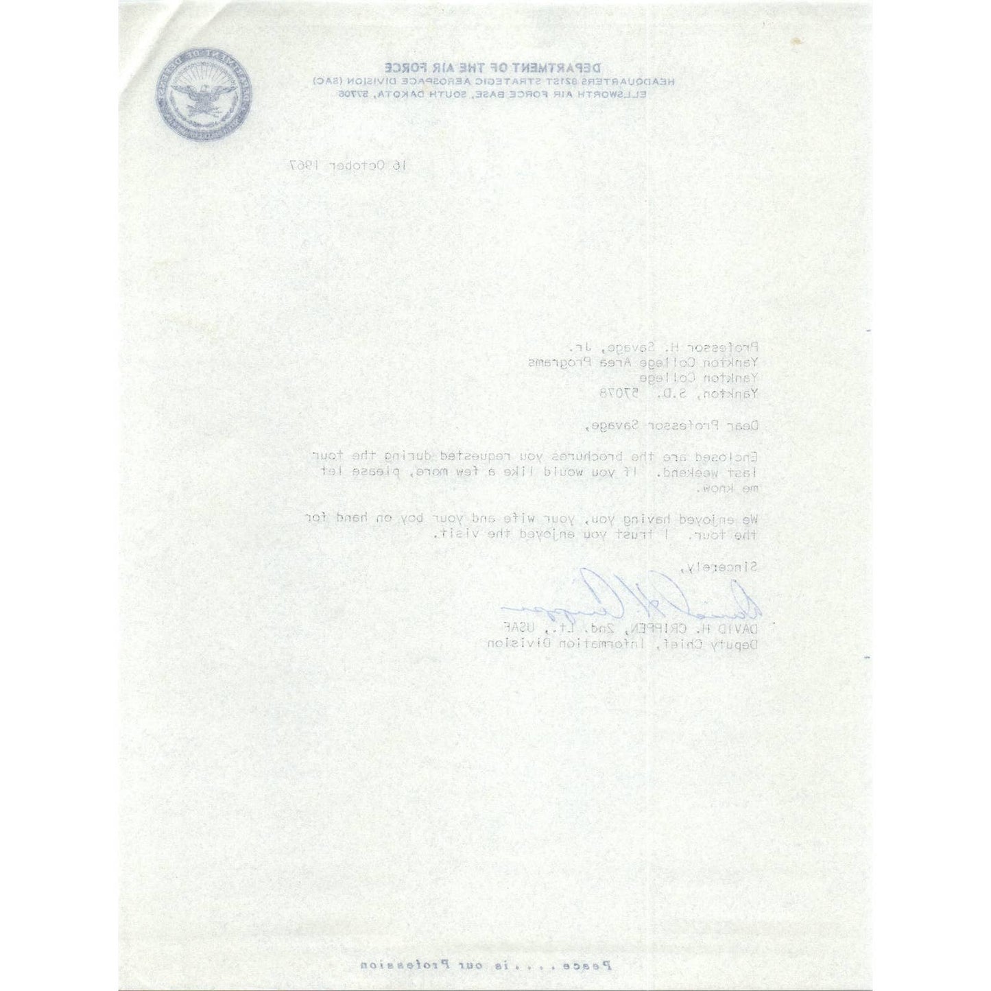 Department of the Air Force Letterhead Memo David H. Crippen 1967 TK1-P7