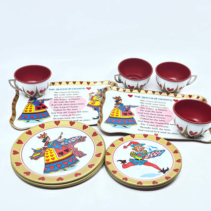 1940s COMPLETE 14 Piece Tin Tea Set Queen of Hearts Toy Metal Cups Plates TG5