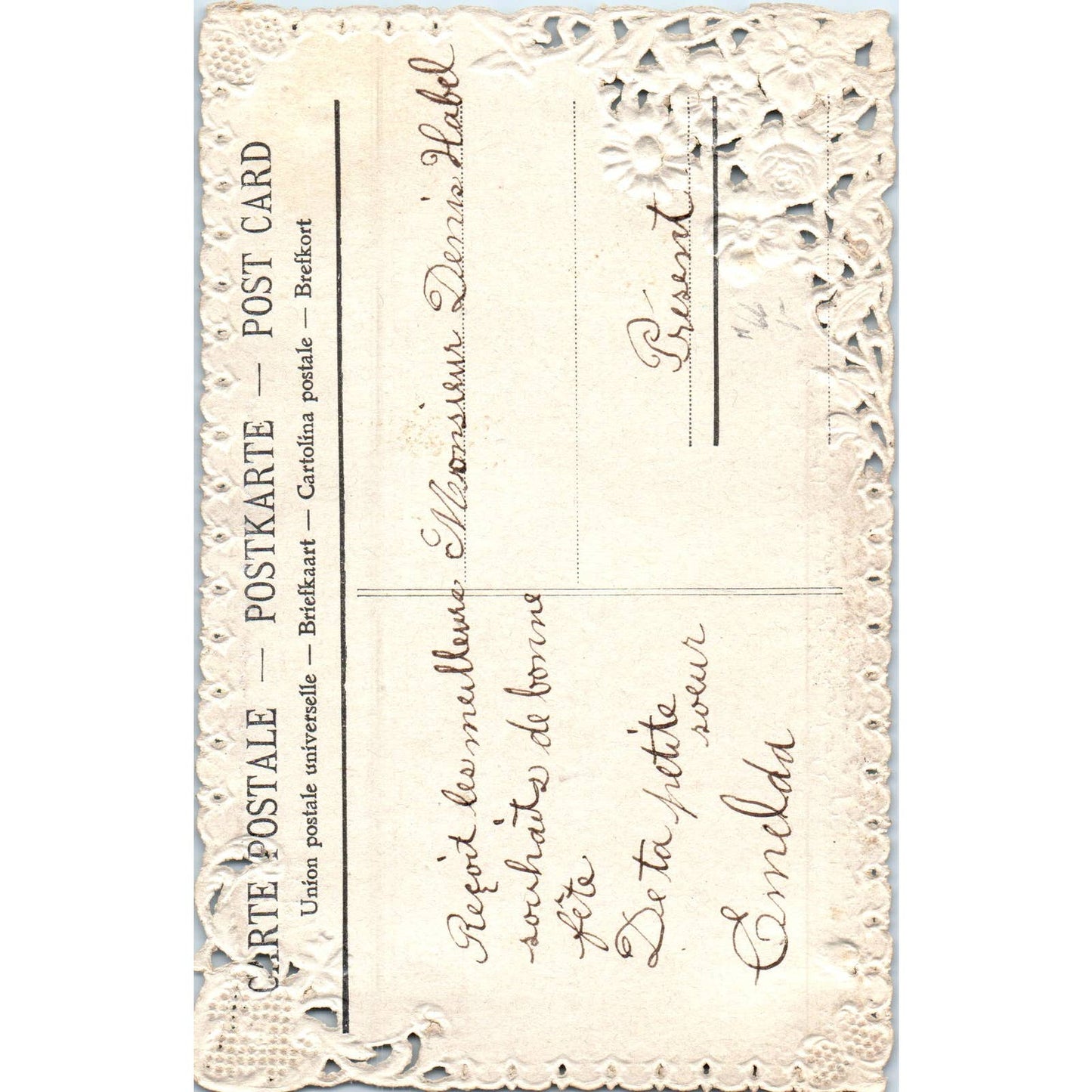 c1910 French Forget Me Not Die Cut Lace Border Original Postcard TK1-P15