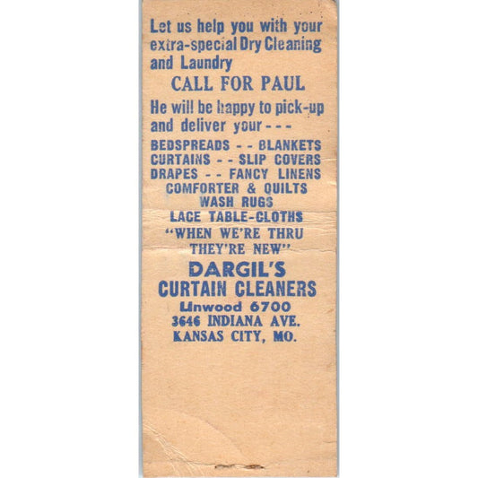 Dargil's Curtain Cleaners Kansas City MO Advertising Matchbook Cover SA9-M4