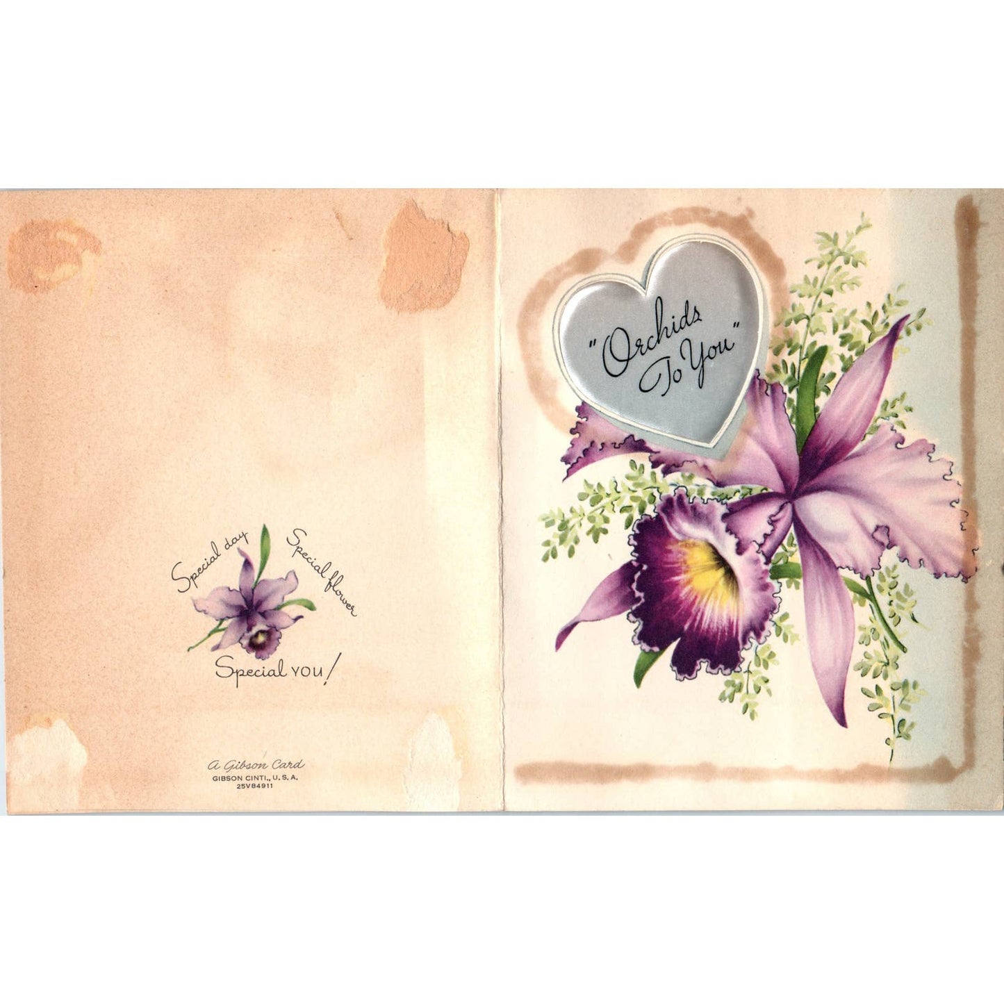 1940s Gibson Valentine's Day Card Orchids, Fabric Silver Heart SF2