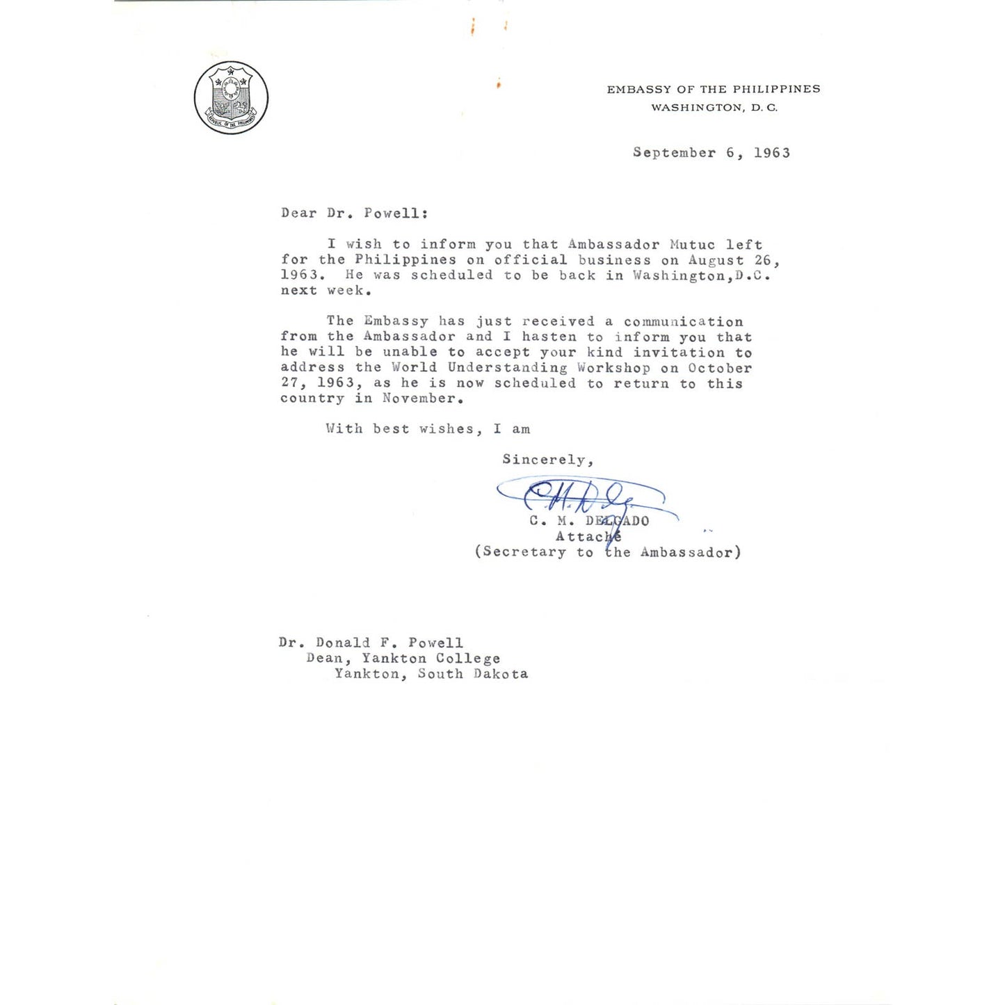 Embassy of the Philippines Official Letterhead Memo C.M. Delgado 9/6/63 TK1-P10