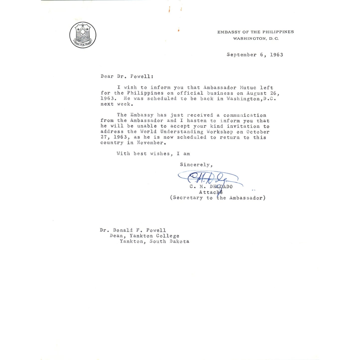 Embassy of the Philippines Official Letterhead Memo C.M. Delgado 9/6/63 B9