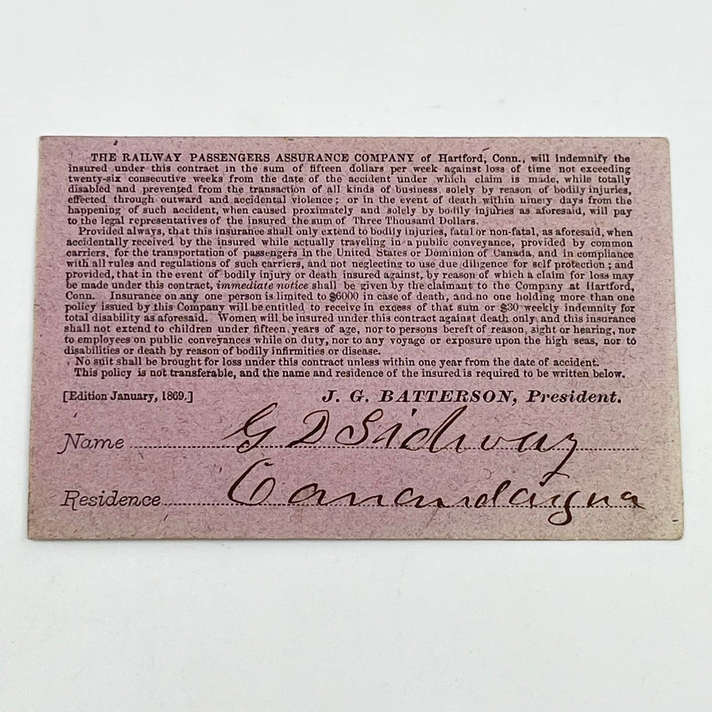 1870 Railway Passengers Insurance Co. Insurance Card Hartford CT Station 242 SC6