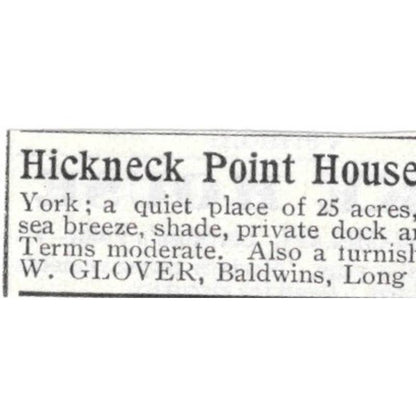 Hickneck Point House For Rent W. Glover Baldwins Long Island - 1903 Ad TJ8-7-7